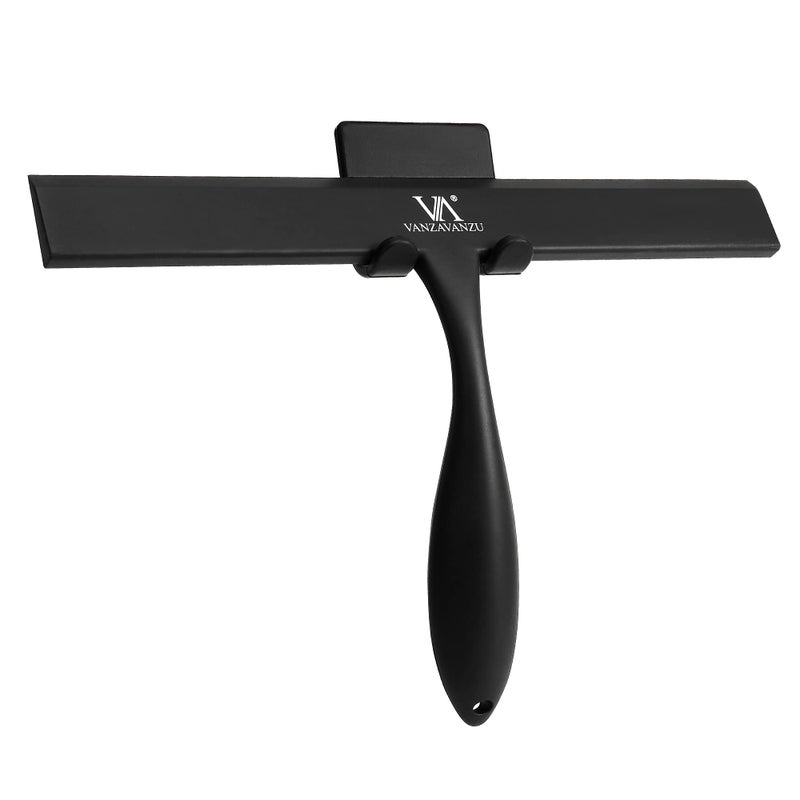 VANZAVANZU Shower Squeegee for Glass Doors, 11-Inch Silicone Squeegee with Non-Slip Handle and Adhesive Hook for Bathroom, Mirror, Tile, Car Window (Black) - Image 1